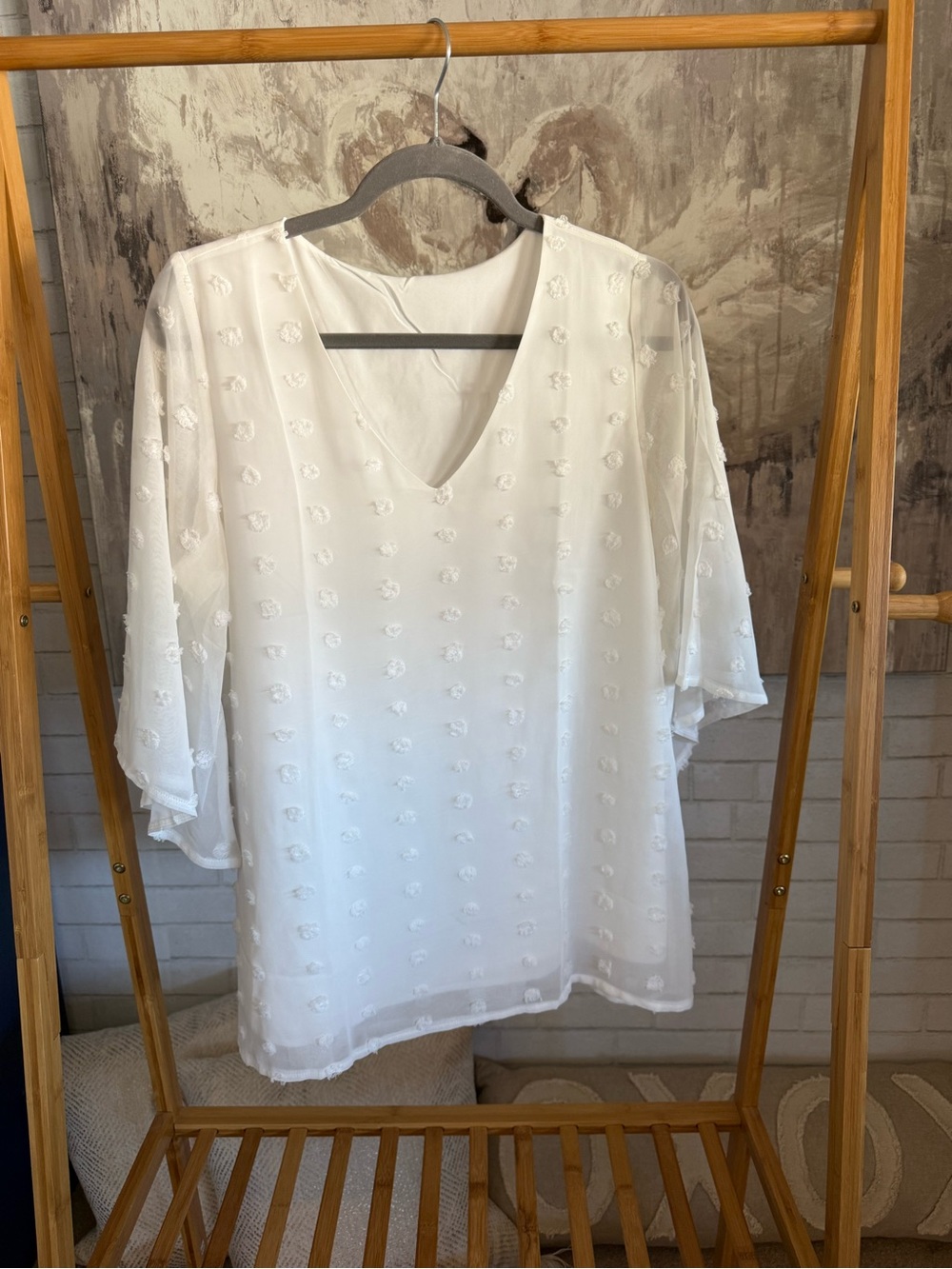 White V-Neck Sheer Blouse with raised dot details